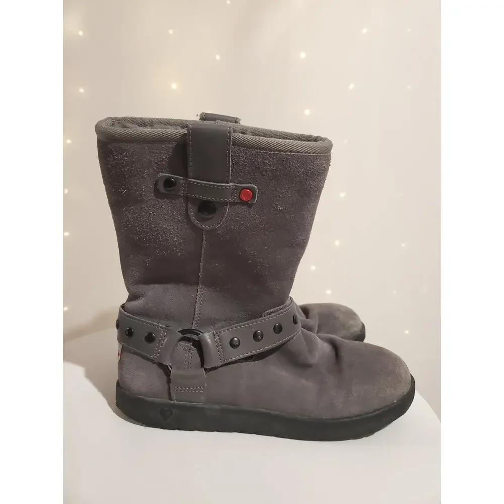 Ugg Heart Kids Suede Shearling Lined Mid Moto Boots Size 4 Gray Winter Leather